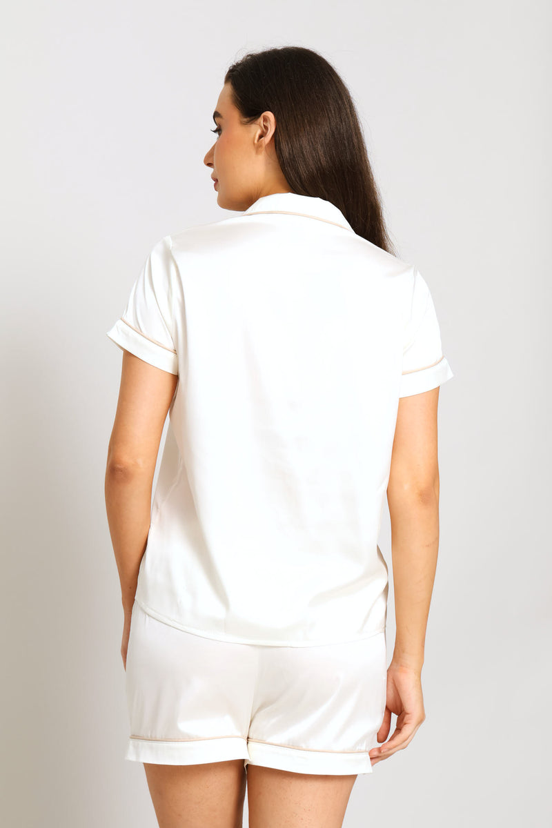 Button Through & Short Satin Sleep Set - Off White