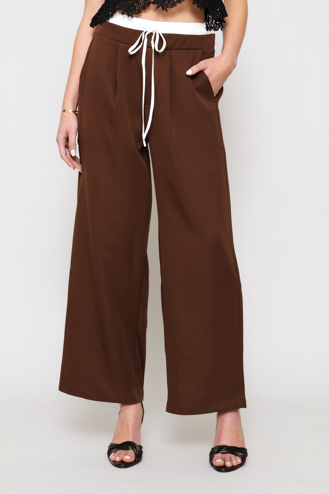 Woven Wide Leg Pant - Brown
