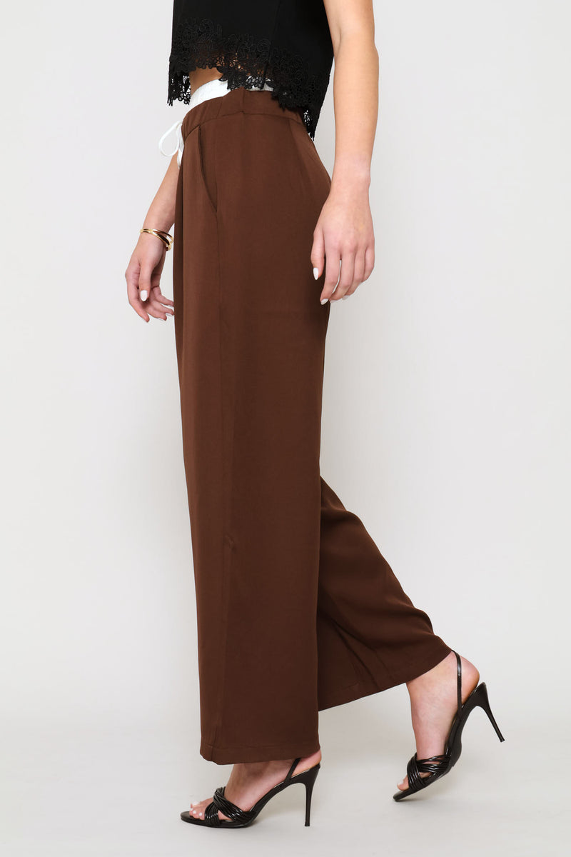 Woven Wide Leg Pant - Brown