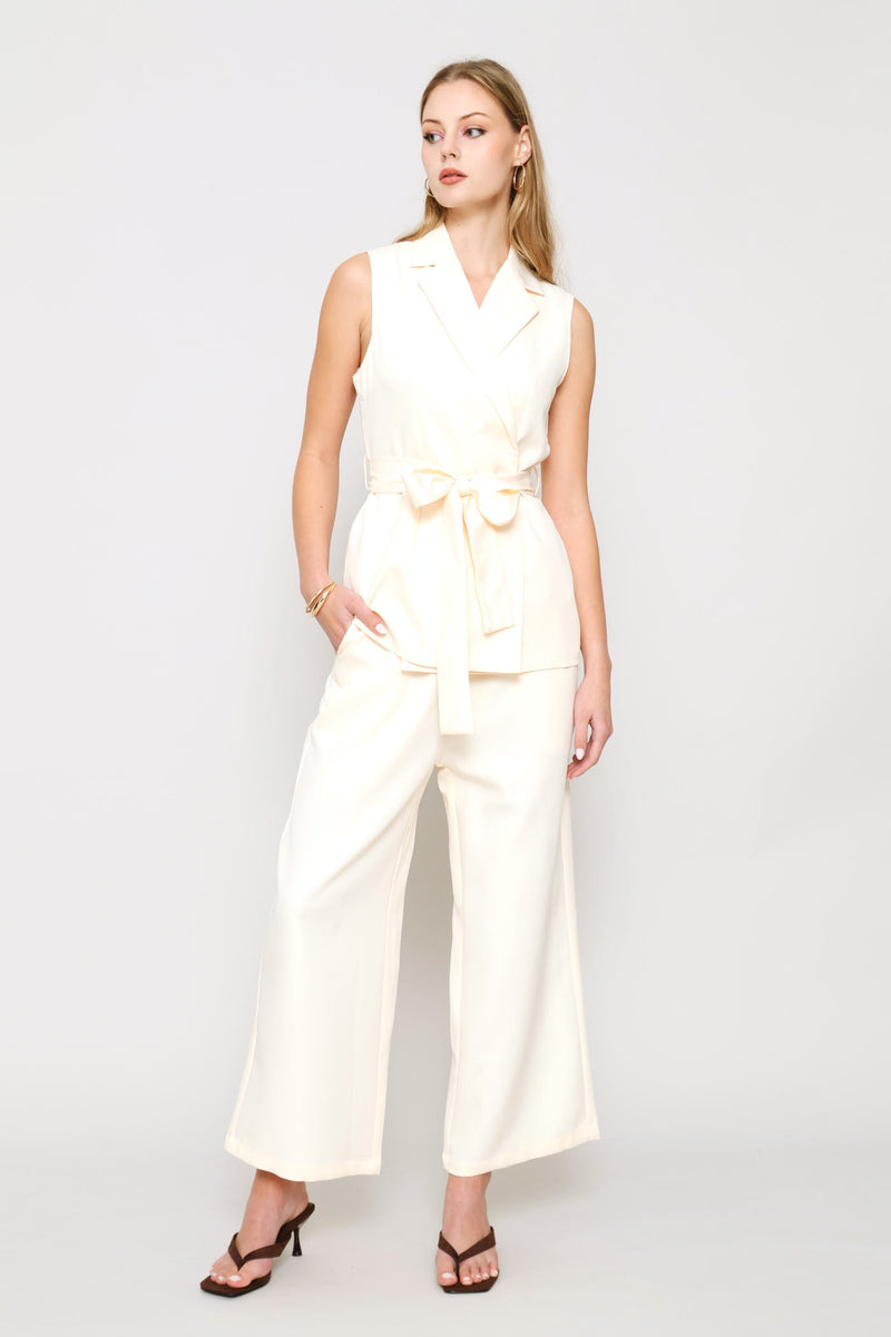 Sleeveless Top & Wide Leg Pant Woven Set - Cream