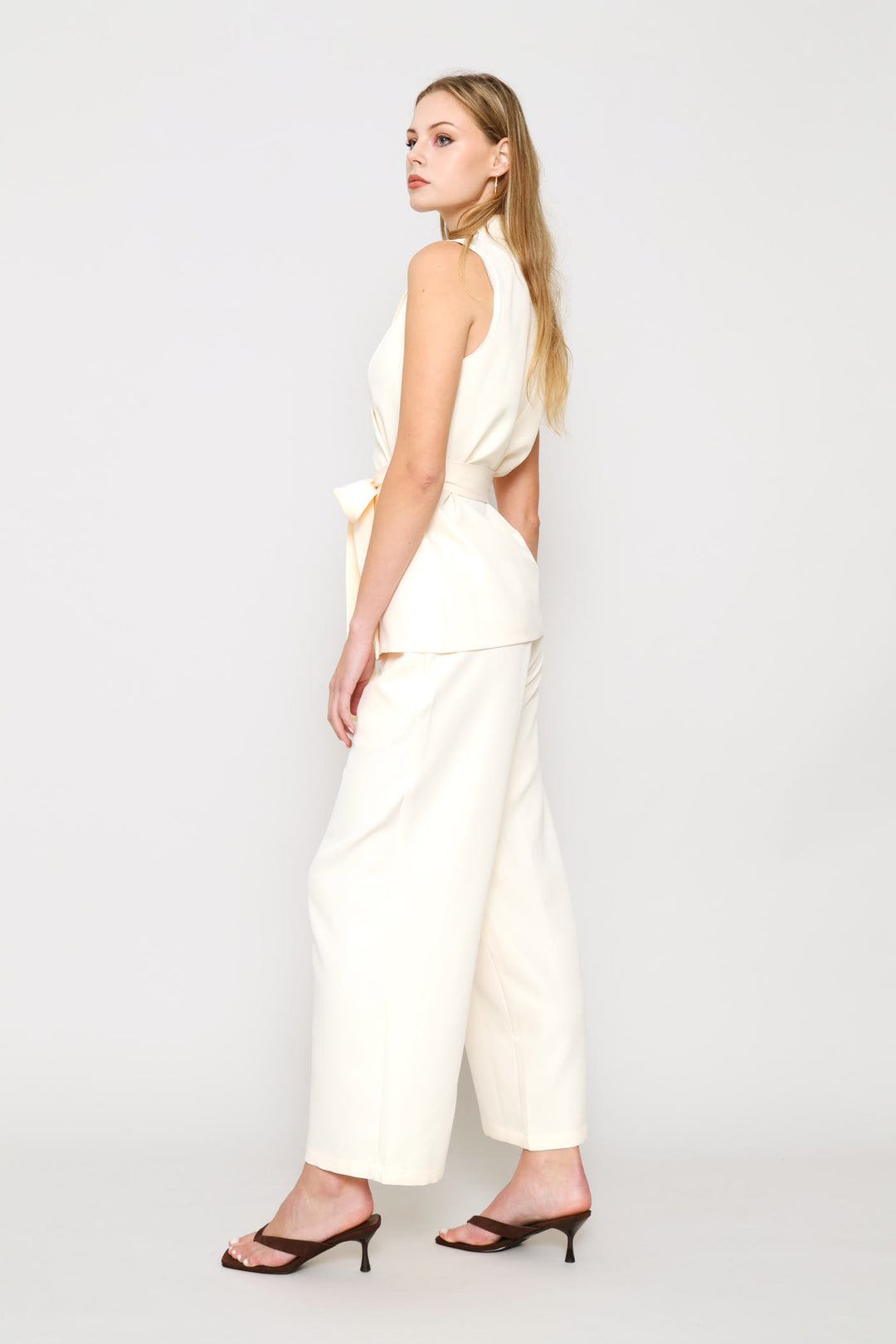 Sleeveless Top & Wide Leg Pant Woven Set - Cream