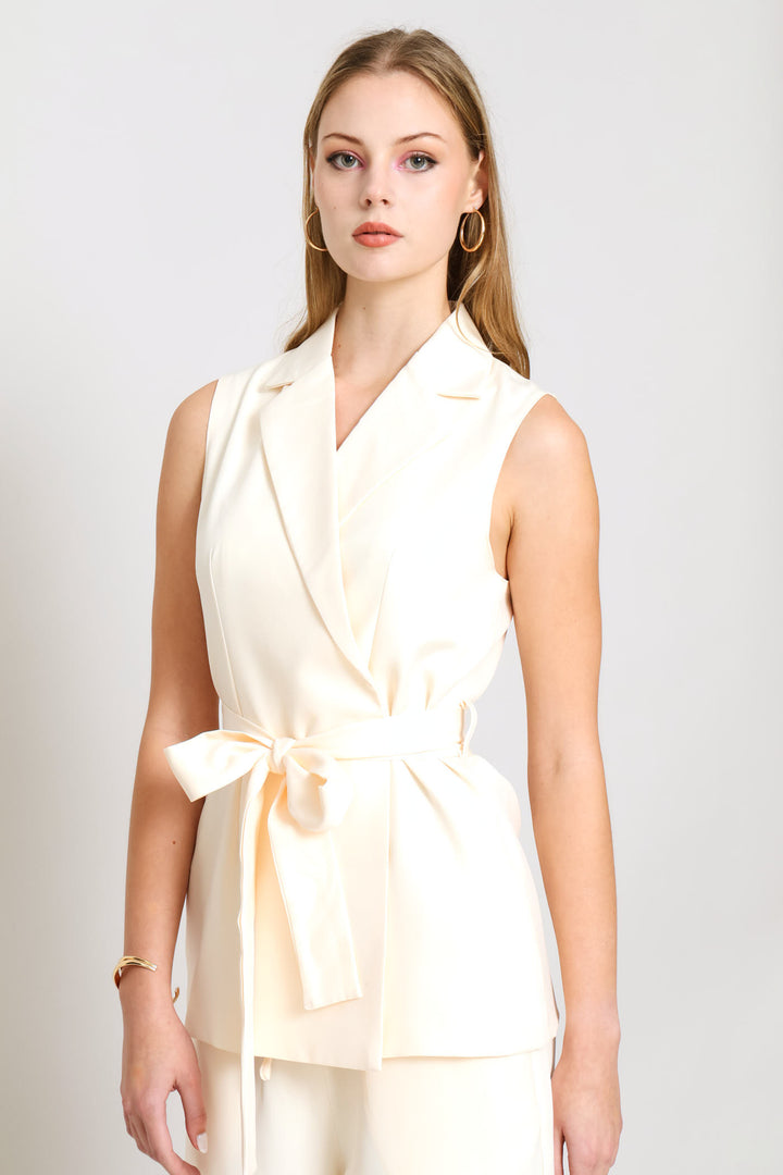 Sleeveless Top & Wide Leg Pant Woven Set - Cream