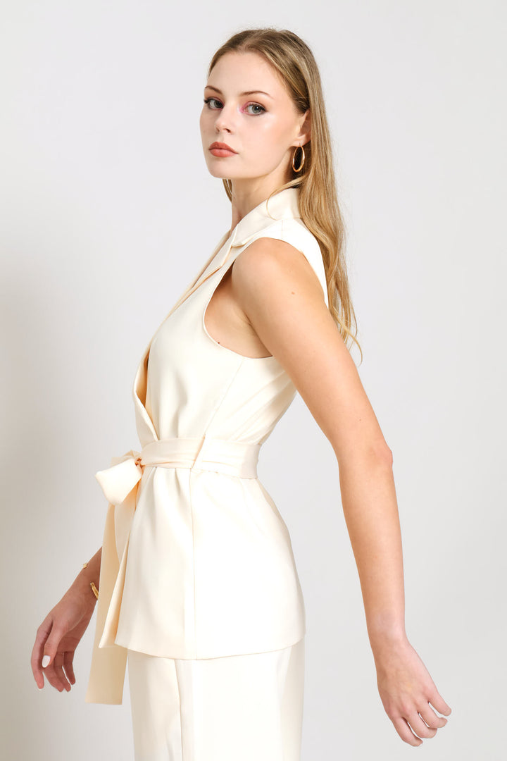 Sleeveless Top & Wide Leg Pant Woven Set - Cream