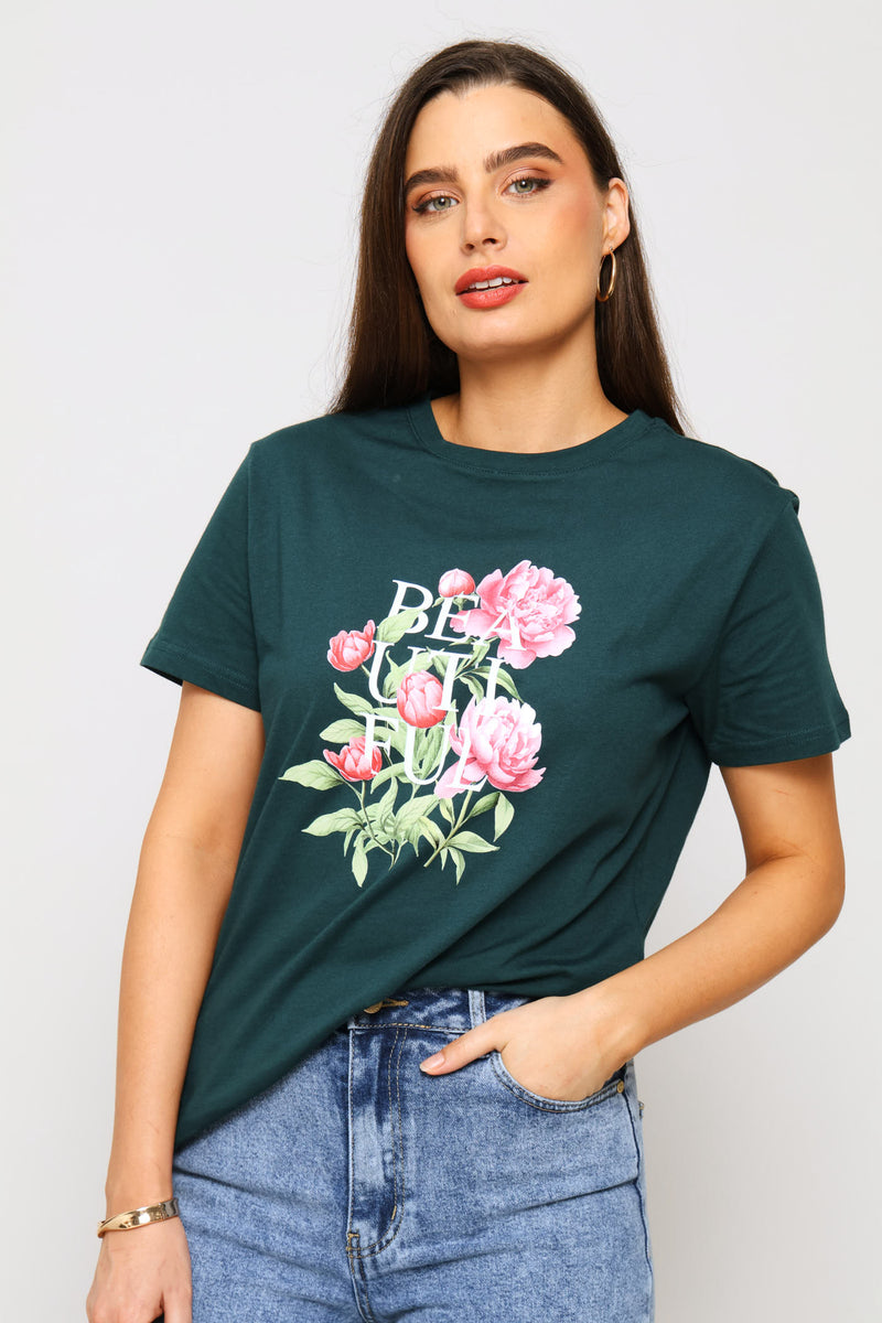 Beautiful Rose Tee - Dark Teal