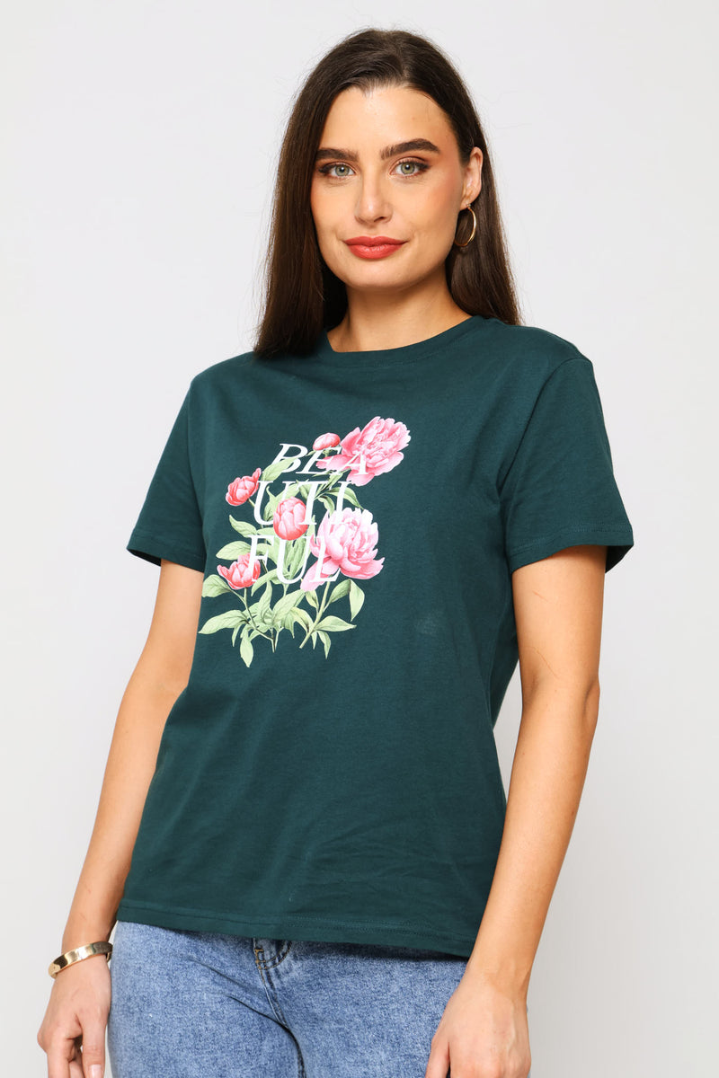 Beautiful Rose Tee - Dark Teal