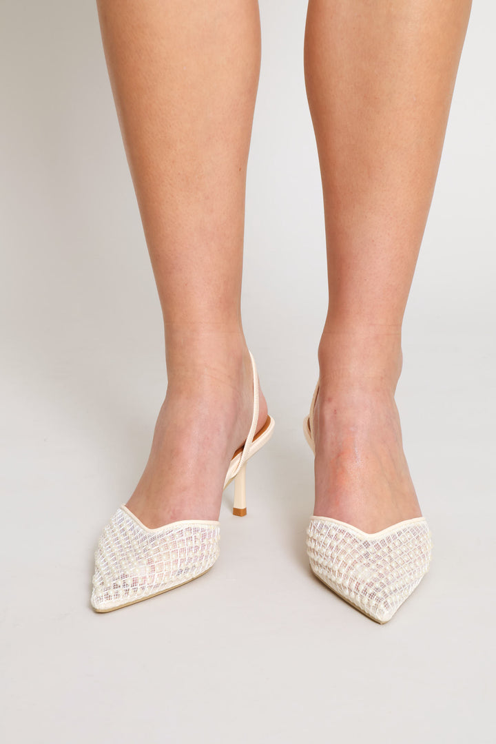 Pearl Detail Elastic Slingback Heel - Off White