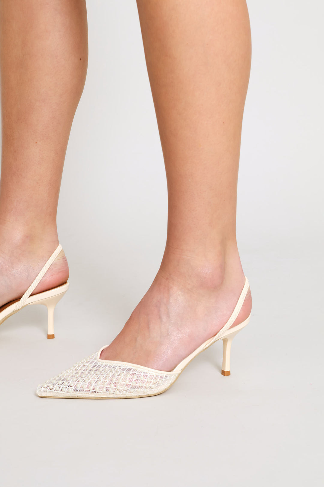 Pearl Detail Elastic Slingback Heel - Off White