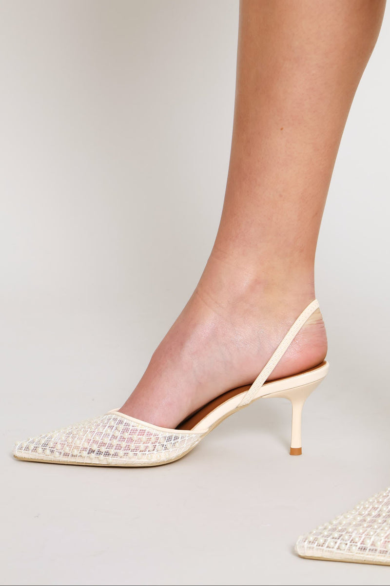 Pearl Detail Elastic Slingback Heel - Off White