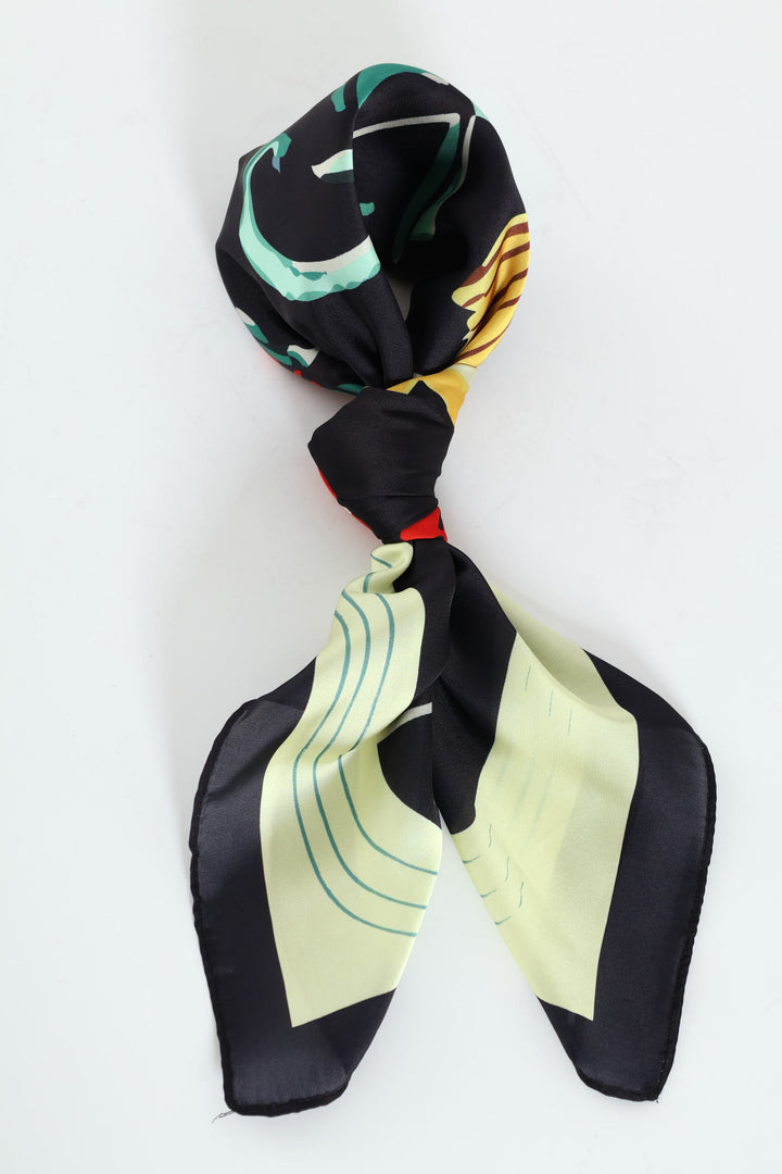 Floral Block Print Silk Touch Scarf 70X70 - Black