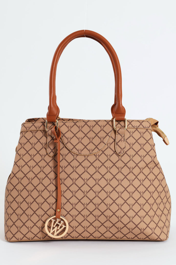 Hanging Metal Logo Tote Bag - Brown