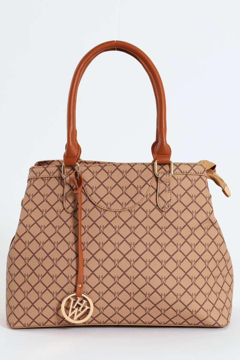 Hanging Metal Logo Tote Bag - Brown