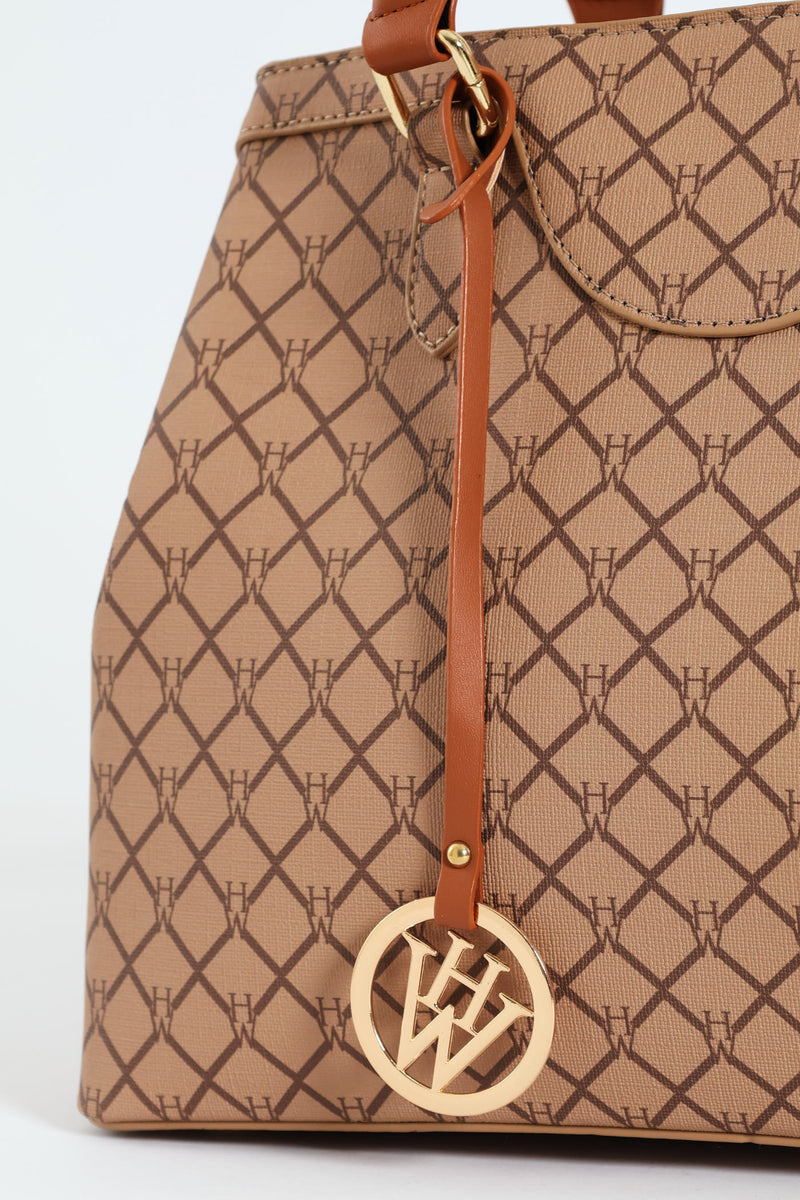 Hanging Metal Logo Tote Bag - Brown