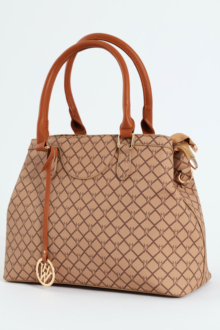 Hanging Metal Logo Tote Bag - Brown