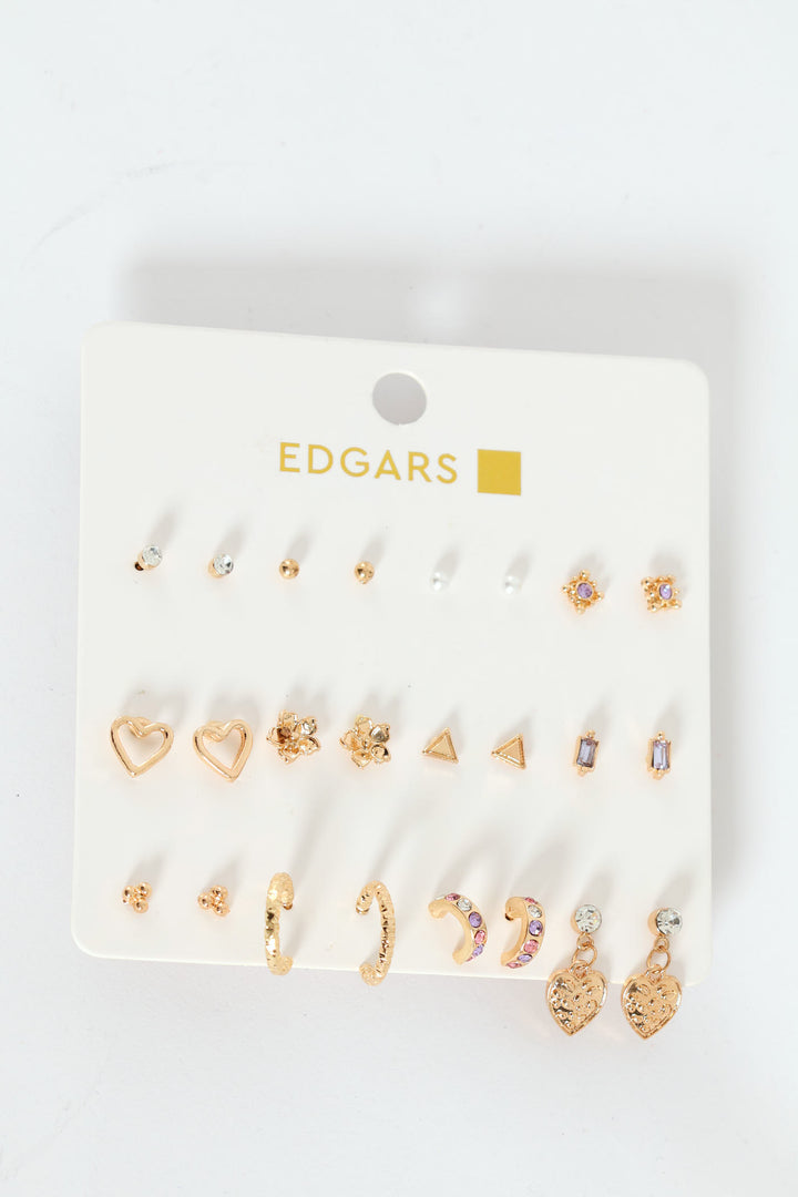 12 Pack Hearts, Flower & Hoops Earring Pack - Gold