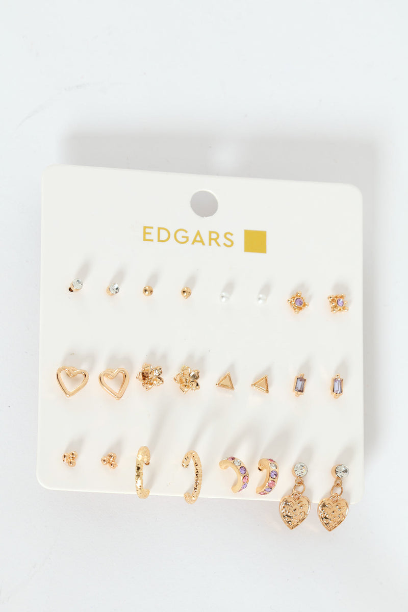 12 Pack Hearts, Flower & Hoops Earring Pack - Gold