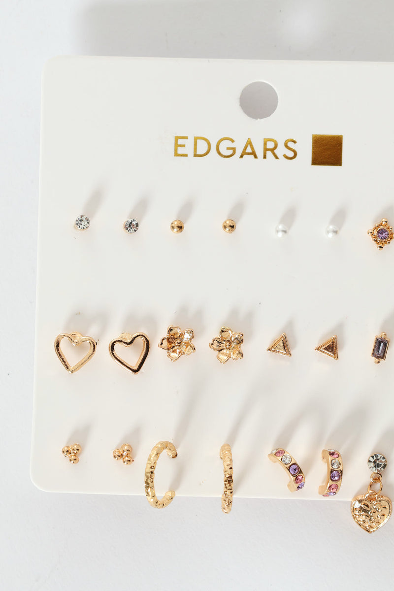 12 Pack Hearts, Flower & Hoops Earring Pack - Gold
