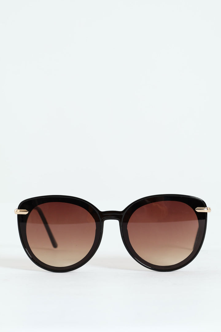 Gold Temple Rounded Cateye Gradient Lense Sunglasses - Black