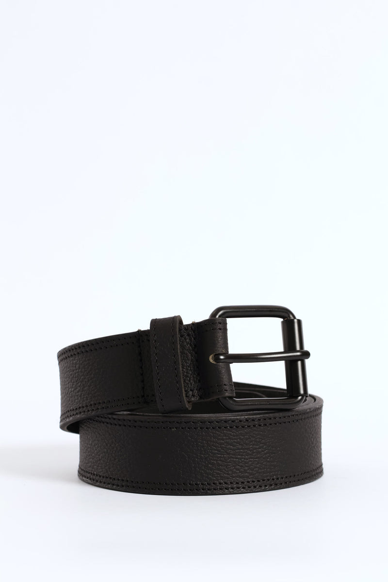 Leather Roller Tonal Stitched Belt - Black