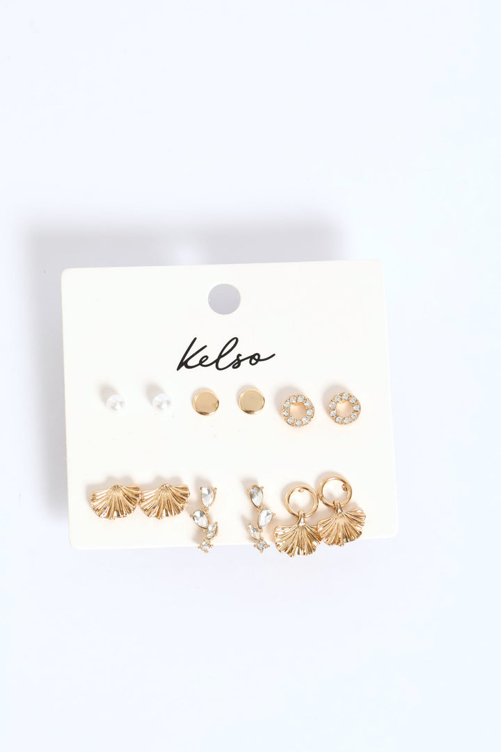 6 Pack Jewel Fan Stud Earring - Gold