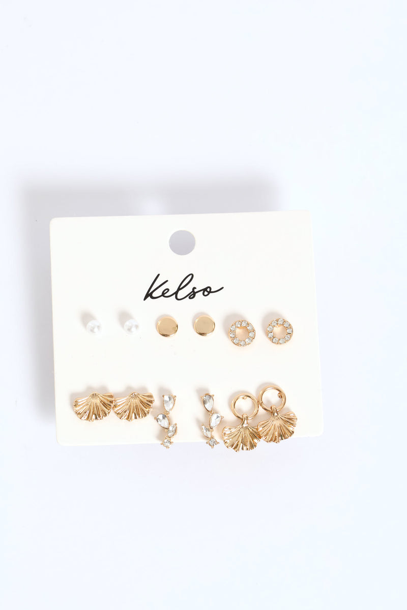 6 Pack Jewel Fan Stud Earring - Gold