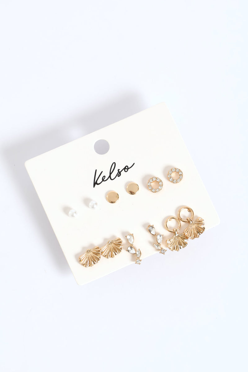 6 Pack Jewel Fan Stud Earring - Gold