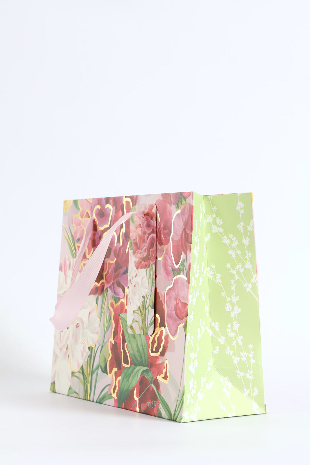 Small Floral Orchid Gold Foil Print Gift Bag - Light Pink