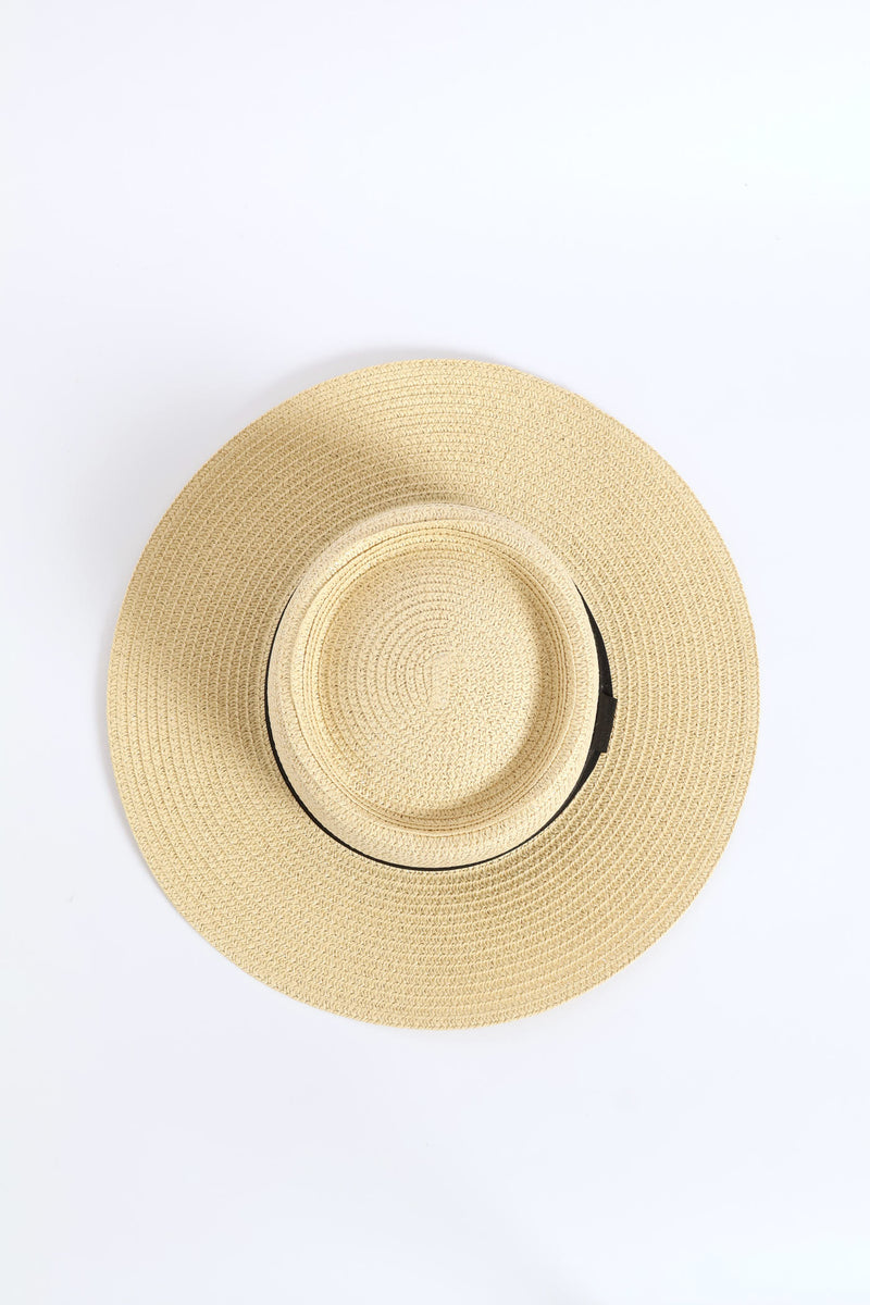 Black Ribbon Boater Hat - Sand