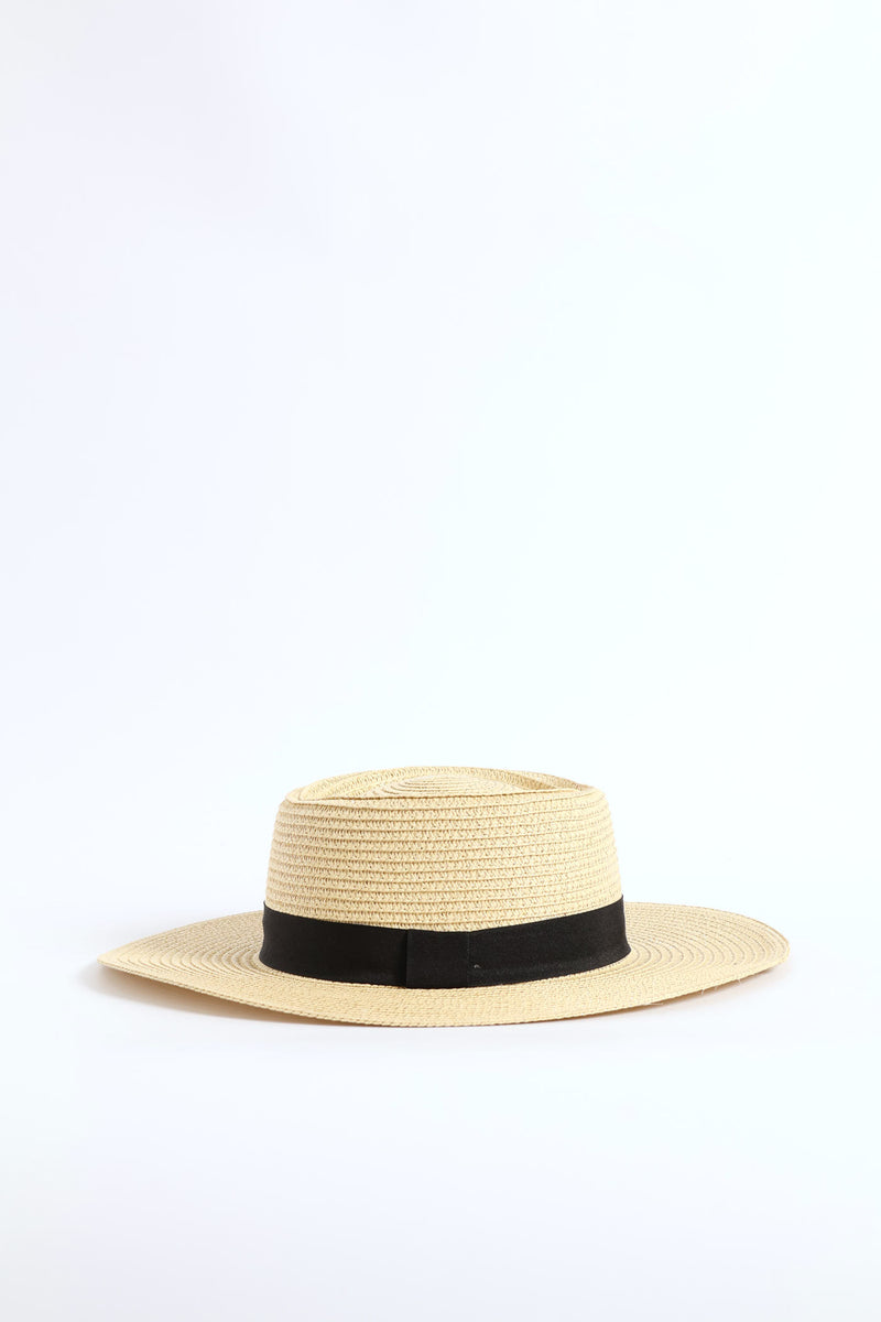 Black Ribbon Boater Hat - Sand