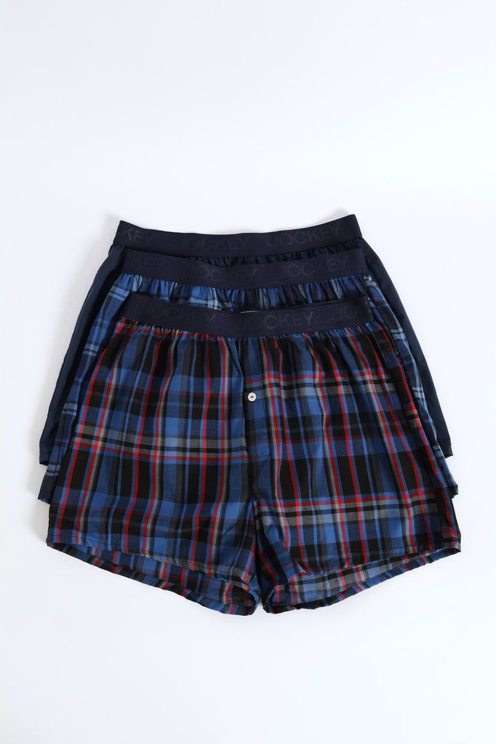 3 Pack Woven Boxers - Blue/Red/Black