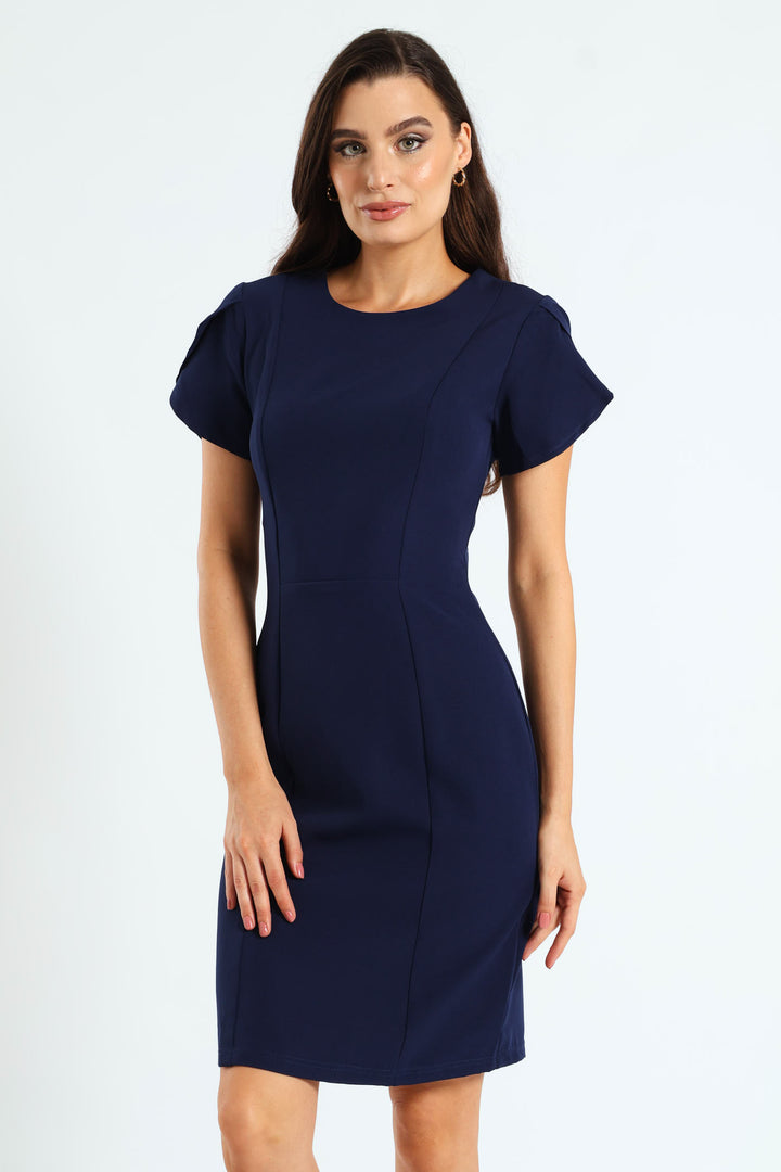 Tulip Sleeve Pencil Dress - Navy