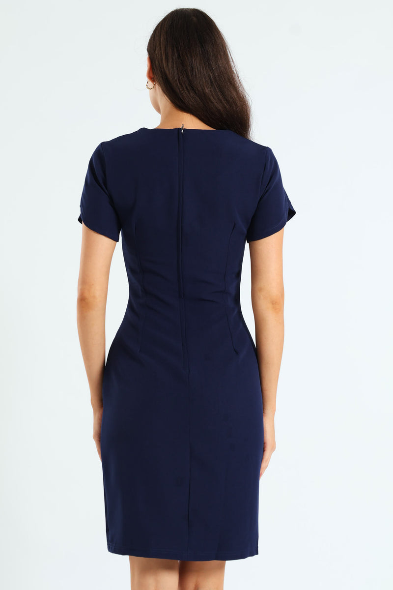 Tulip Sleeve Pencil Dress - Navy