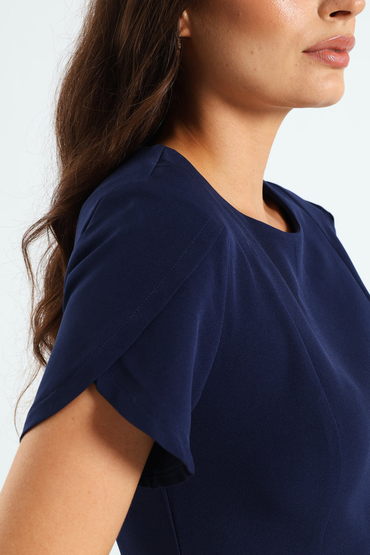 Tulip Sleeve Pencil Dress - Navy