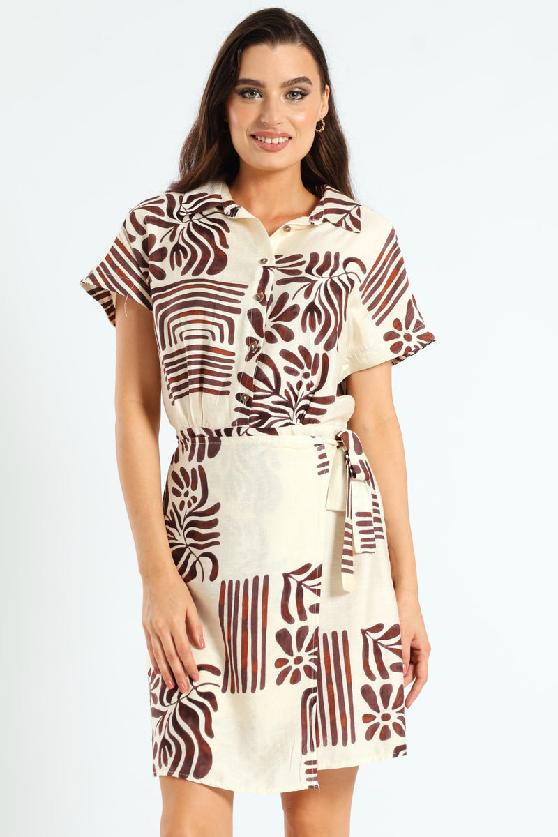 Half Placket Linen Wrap Mini Dress - Cream/Black