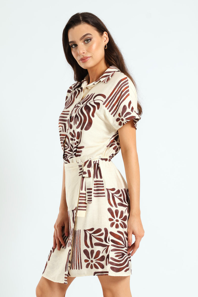 Half Placket Linen Wrap Mini Dress - Cream/Black