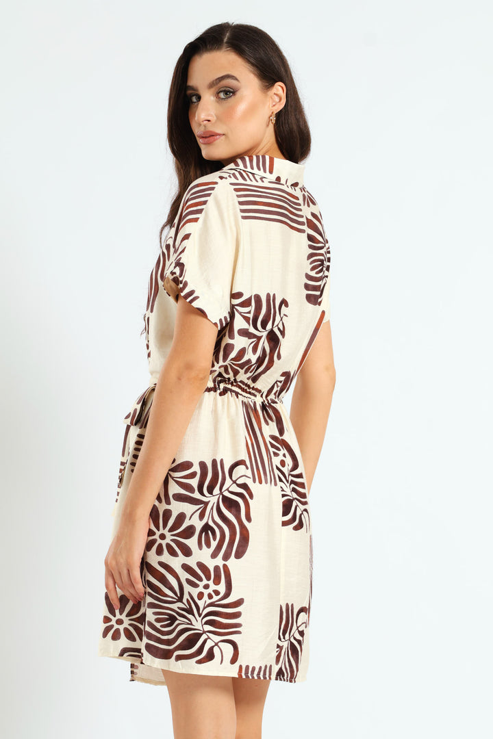 Half Placket Linen Wrap Mini Dress - Cream/Black