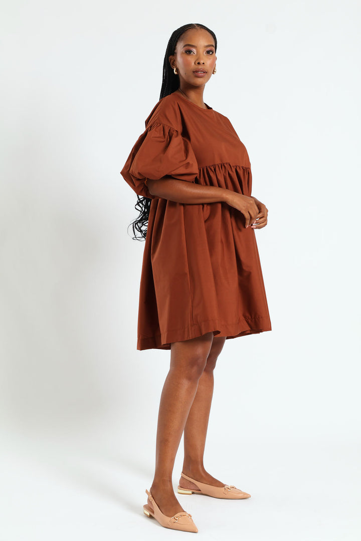 Volume Sleeve Poplin Mini Dress - Rust