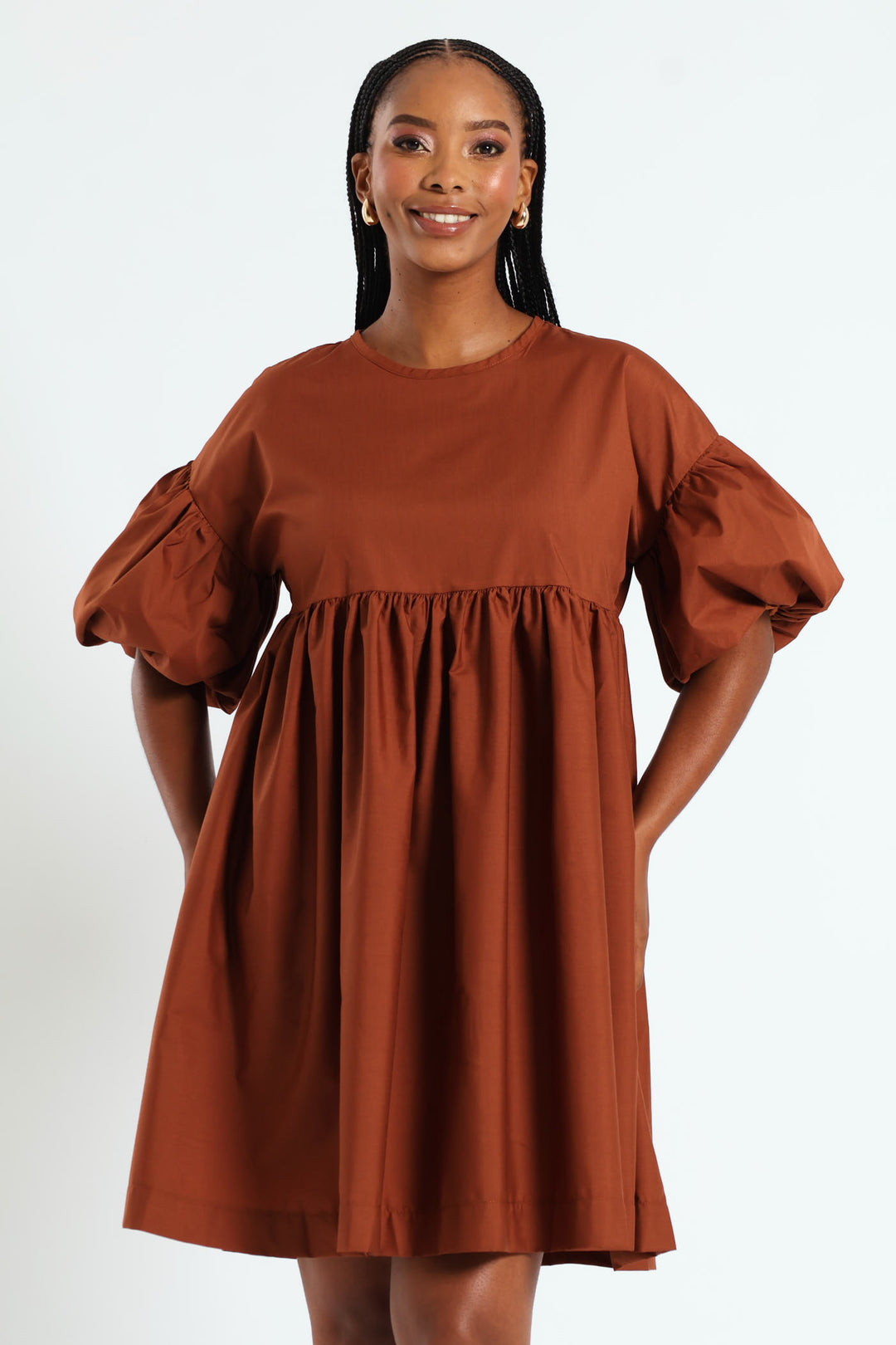 Volume Sleeve Poplin Mini Dress - Rust