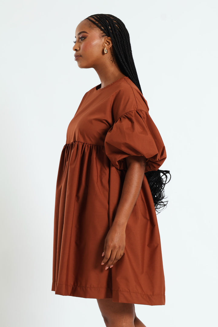 Volume Sleeve Poplin Mini Dress - Rust