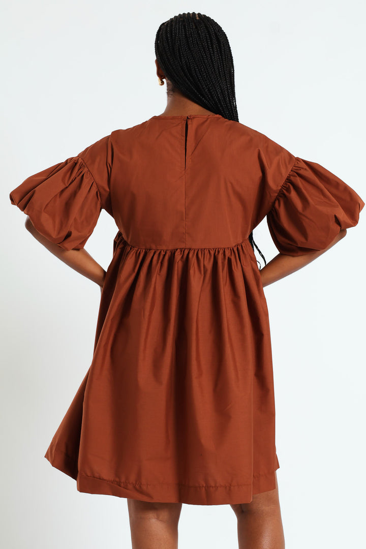 Volume Sleeve Poplin Mini Dress - Rust
