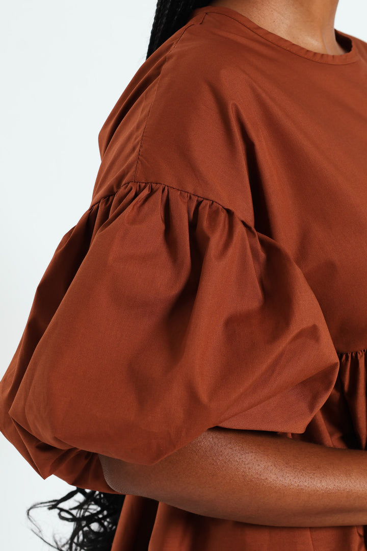Volume Sleeve Poplin Mini Dress - Rust