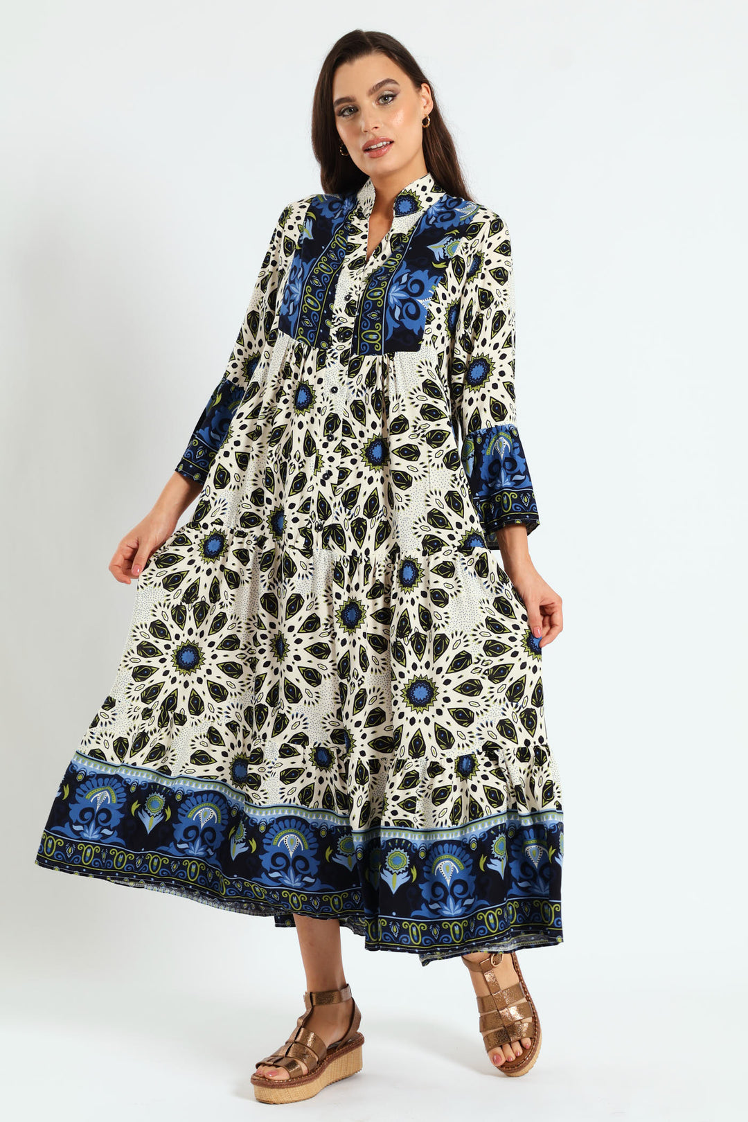 3/4 Sleeve Border Tent Dress - Multi