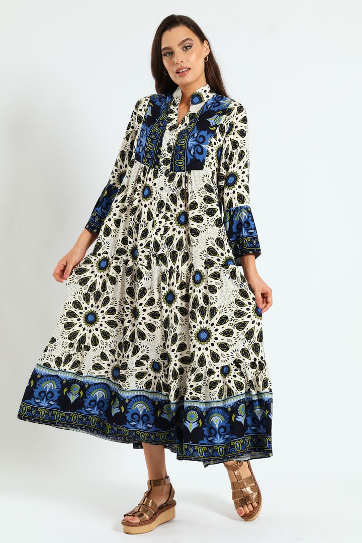 3/4 Sleeve Border Tent Dress - Multi