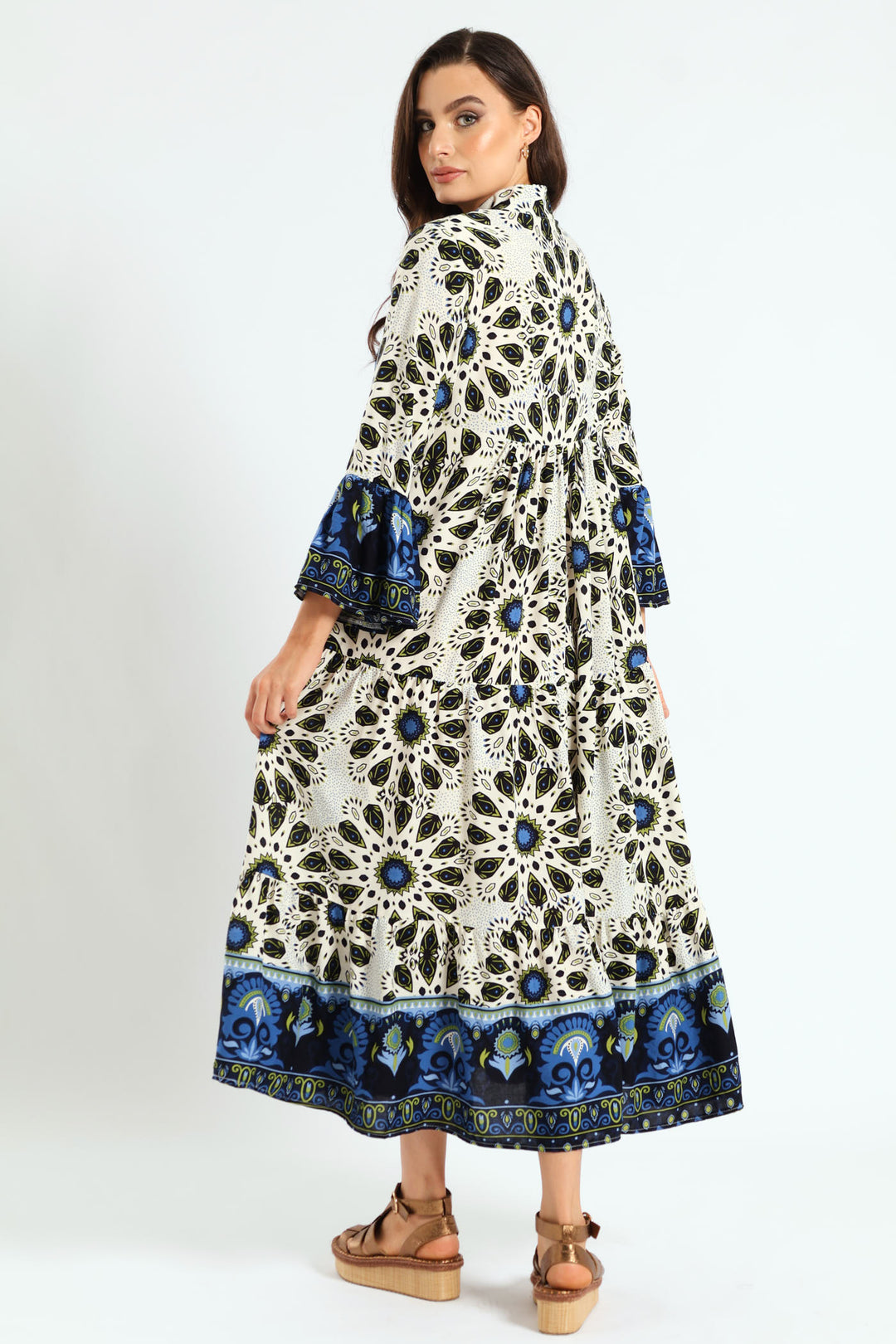 3/4 Sleeve Border Tent Dress - Multi