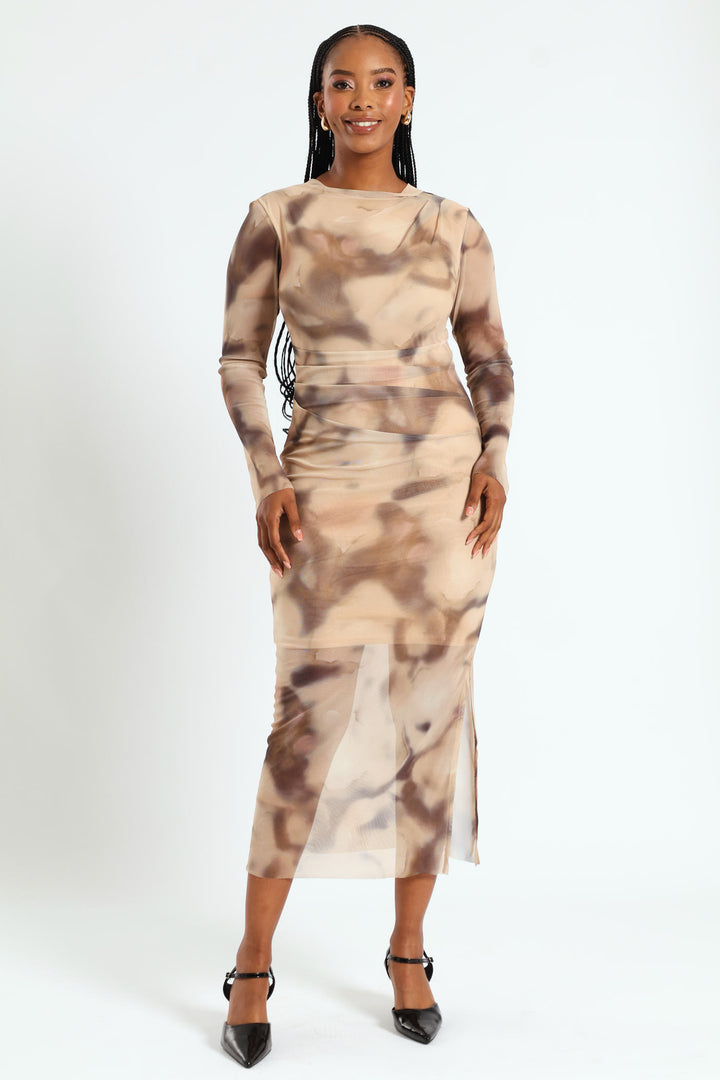 Drape Detail Mesh Midi Dress - Cream