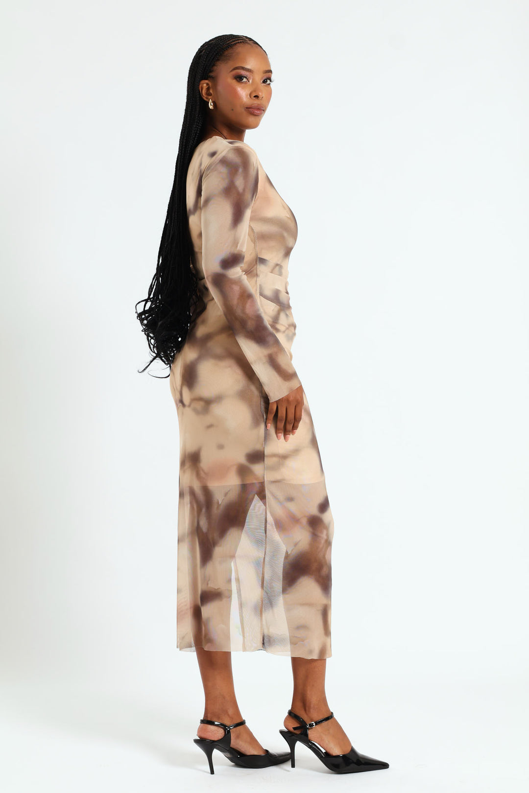 Drape Detail Mesh Midi Dress - Cream