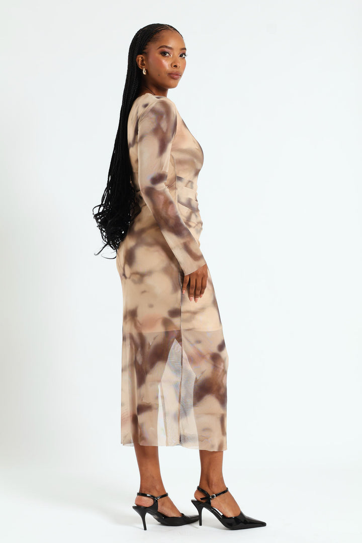 Drape Detail Mesh Midi Dress - Cream