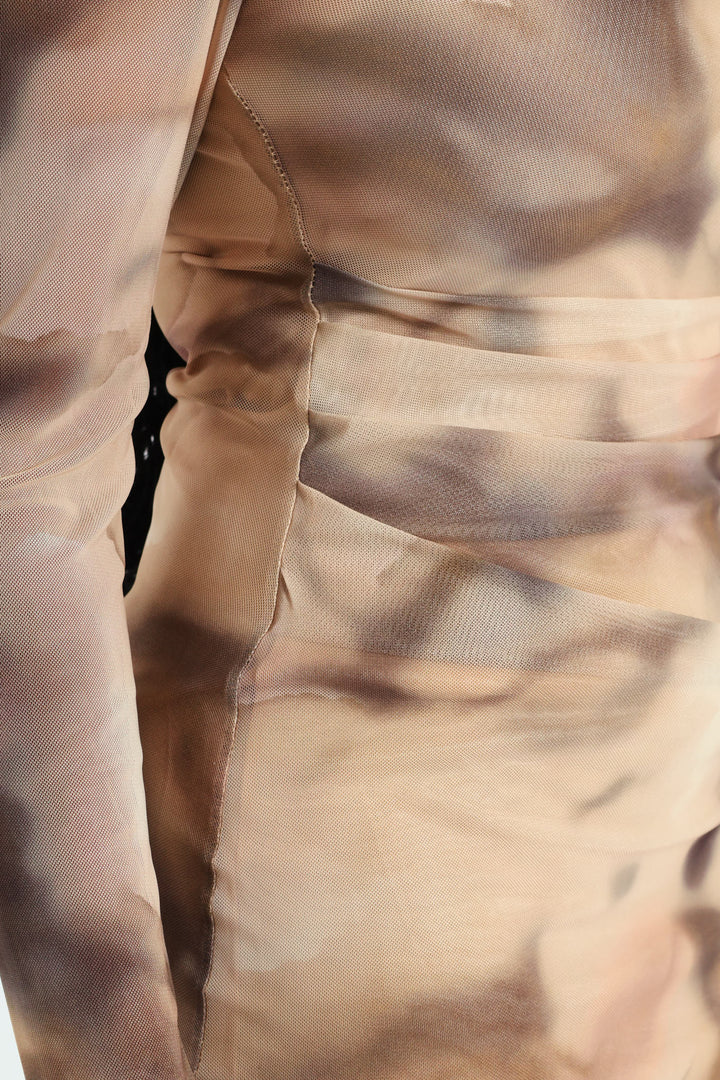 Drape Detail Mesh Midi Dress - Cream