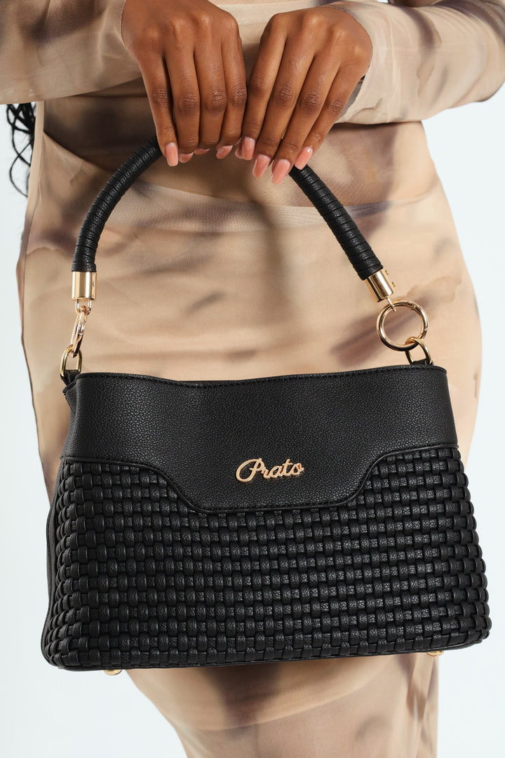 Woven Top Handle Bucket Bag - Black
