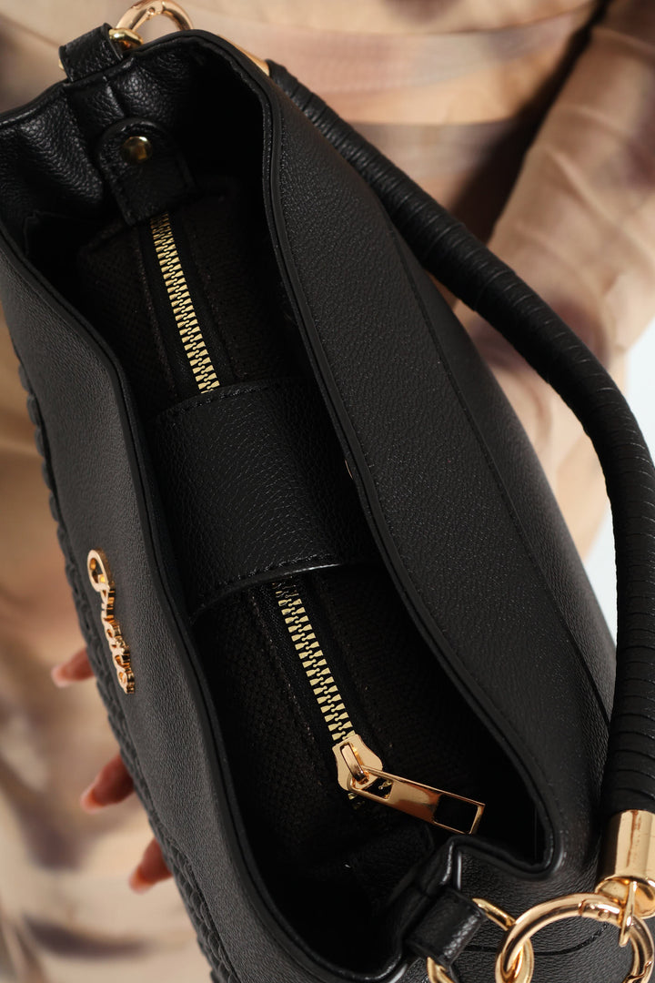 Woven Top Handle Bucket Bag - Black