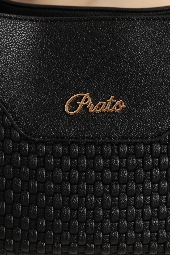 Woven Top Handle Bucket Bag - Black